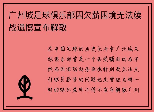 广州城足球俱乐部因欠薪困境无法续战遗憾宣布解散 广州城足球俱乐部因欠薪困境无法续战遗憾宣布解散